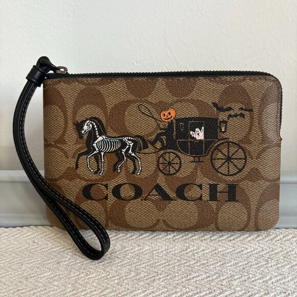 Coach Signature Canvas Halloween Horse and Carriage Corner Zip Wristlet - Picture 1 of 5